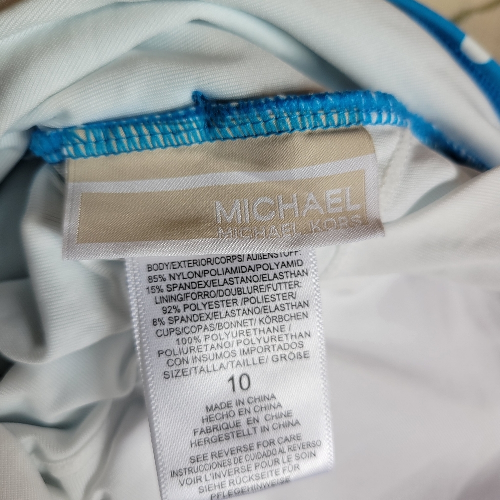 Michael Kors Polka Dot One Piece Swimwear Belt Halter Cyan Blue White 10 - Picture 8 of 13